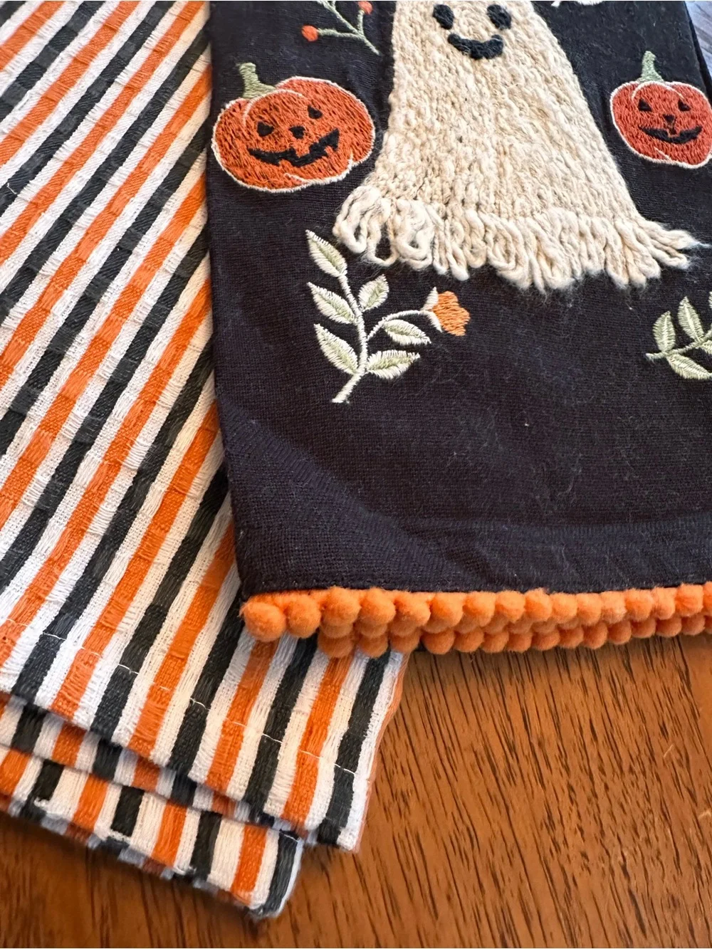 Halloween Kitchen Towels Set of 2 Ghost Pumpkins Striped Orange Black